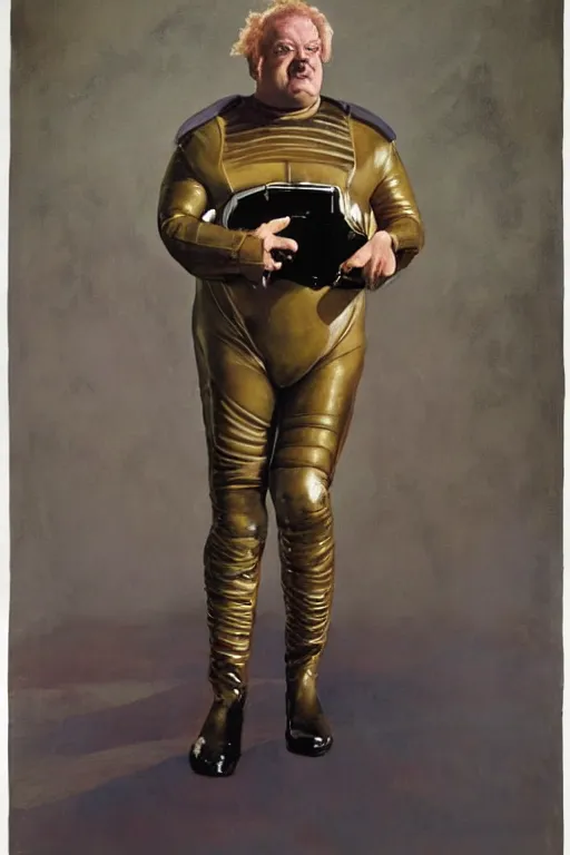 Image similar to full body portrait of actor kenneth mcmillan as baron harkonnen wearing leather spacesuit in dune, colour painting by normal rockwell and phil hale