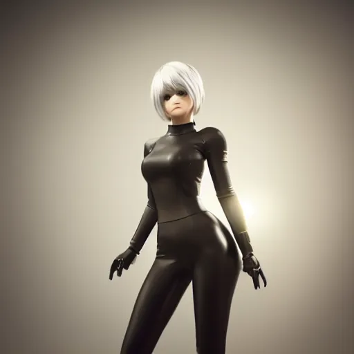 Image similar to 2 b nier automata wearing skintight clothes, 3 d render, anatomically correct, cinematic lighting, unreal engine, octane render, ray tracing, unity, highly detailed, high quality, hd, 4 k, 8 k, realistic, sharp, trending