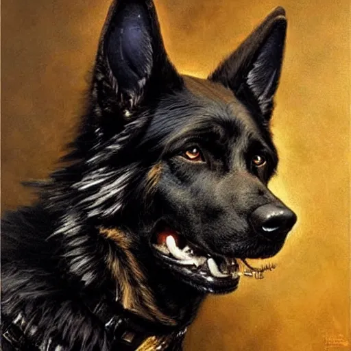 Prompt: a portrait of a black german shepard dogman canine star trek chief engineer the next generation. highly detailed painting by gaston bussiere, craig mullins, j. c. leyendecker, furry