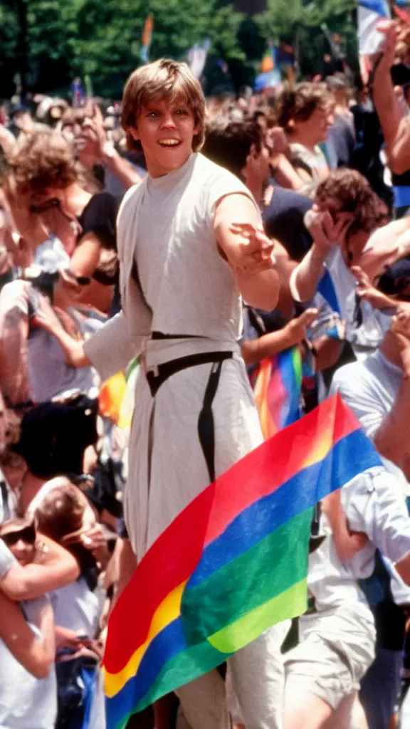 Image similar to rotj luke skywalker goes to pride, getty images, victorious, flags, parade, gay rights, bright smiles, daylight, twenty three year old luke skywalker at gay pride, 3 5 mm photography, very happy, smiling