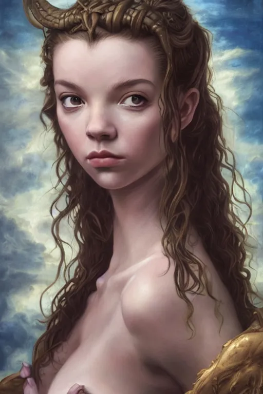 Image similar to A fantasy comic book style portrait painting of Anya Taylor-Joy, Cory Chase, hybrid, as an Atlantean Reptilian Warrior, François Boucher, Oil Painting, Mystical Valkyrie, unreal 5, DAZ, hyperrealistic, octane render, Regal, Refined, Detailed Digital Art, RPG portrait, Michael Cheval, William-Adolphe Bouguereau, Walt Disney (1937), Steampunk, dynamic lighting, Highly Detailed, Cinematic Lighting, Unreal Engine, 8k, HD