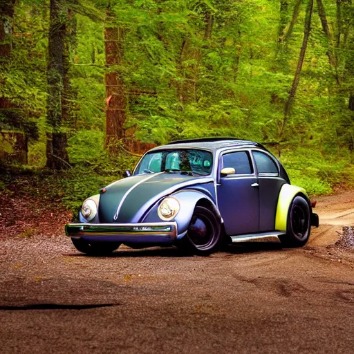 Image similar to promotional scifi - blockbuster movie scene of an insect - ladybug'glossy volkswagen beetle'hybrid. the hybrid is 2 / 3 ladybug. it is flying down a dusty backroad along a gentle creek in smokey mountains tennessee. cinematic, muted dramtic color, 4 k, imax, 7 0 mm, hdr