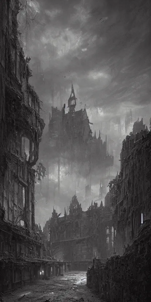 Prompt: an abandoned kingdom, film noir, stippled light, dramatic lighting, editorial illustration, detailed, fine texture, matte print, concept art, deviantart, art station landscape greg rutkowski