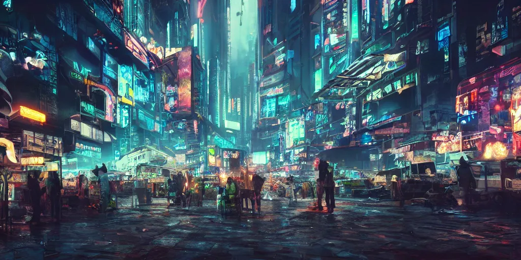 Prompt: a cyberpunk market, in night, trending on art station, hyper realistic, atmospheric, cinematic landscape, octane render, art by dylan cole, craig mullin,