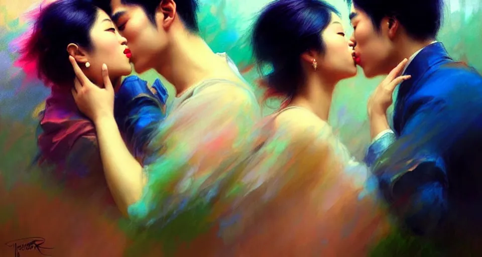 Image similar to photography of asian couples kissing each other, deep focus, volumetric light, colourful, sharp, detailed, digital painting by rolf armstrong, jeremy lipkin and michael garmash, rob rey and kentaro miura style, pinterest behance top picks