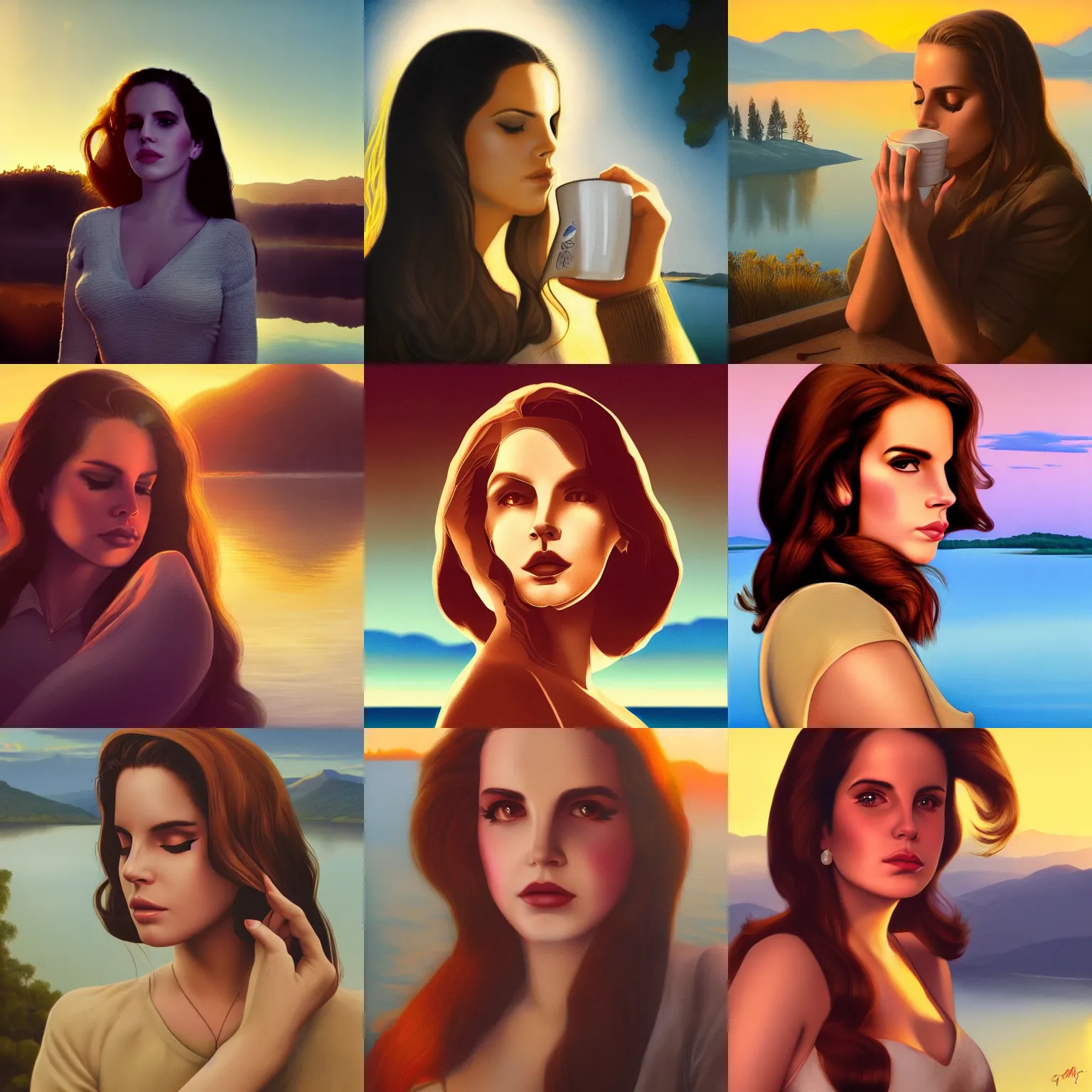 Prompt: close - up portrait of sleepy lana del rey, morning golden hour, steaming coffee, mystical lake view vista, mark brooks