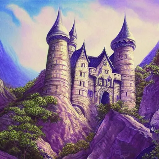 Image similar to A fantasy painting of a castle in a deep valley, lots of detail