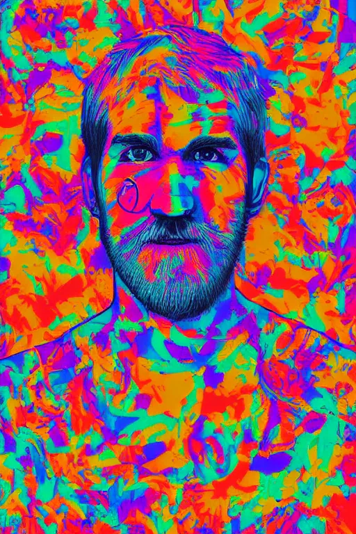 Image similar to inspirational style hope poster of bo burnham with beard, psychedelic colors, highly detailed, realistic, loving, beautiful composition