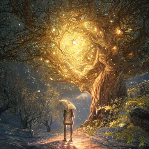 Image similar to magical tree, starry night, trending on artstation, pixiv, hyperdetailed Unreal Engine 4k 8k ultra HD, Stanley Artgerm Lau, WLOP, Rossdraws, James Jean Marc Simonetti Ruan Jia and Mandy Jurgens and Artgerm and William-Adolphe Bouguerea Sakimichan, yuru camp, illustration, digital art, concept art