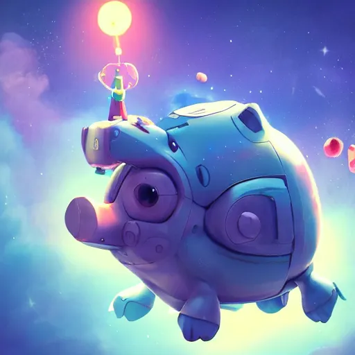 Image similar to 3D Fantasy Cute and adorable mecha piggy floating in space, bright stars, Smooth 3D Illustration, soft render, Servando Lupini, Daniil Kudriavtsev, handpaint texture, Blender, 3DCoat