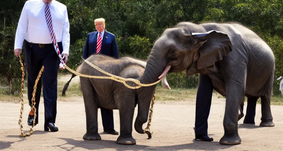 Image similar to a photo of donald trump walking an elephant on a leash