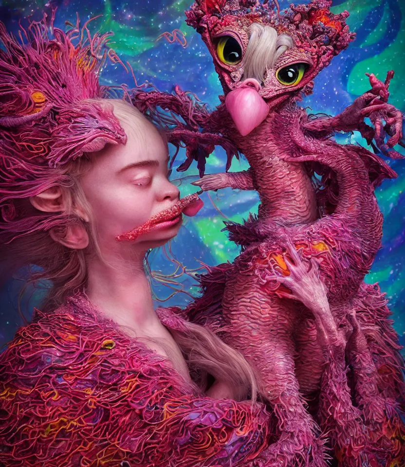 Image similar to hyper detailed 3d render like a Oil painting - kawaii portrait of lovers Aurora (a beautiful girl skeksis muppet fae princess protective playful expressive acrobatic from dark crystal that looks like Anya Taylor-Joy) seen red carpet photoshoot in UVIVF posing in scaly dress to Eat of the Strangling network of yellowcake aerochrome and milky Fruit and His delicate Hands hold of gossamer polyp blossoms bring iridescent fungal flowers whose spores black the foolish stars by Jacek Yerka, Ilya Kuvshinov, Mariusz Lewandowski, Houdini algorithmic generative render, golen ratio, Abstract brush strokes, Masterpiece, Edward Hopper and James Gilleard, Zdzislaw Beksinski, Mark Ryden, Wolfgang Lettl, hints of Yayoi Kasuma and Dr. Seuss, Grant Wood, octane render, 8k