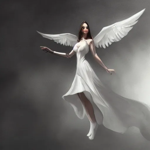 Image similar to a concept art drawing of a beautiful female angle in a white dress on a dark steamy background, spreading her wings, symmetry features, soft painting, volumetric light, fog, fantasy background, artstation, detailed, award winning