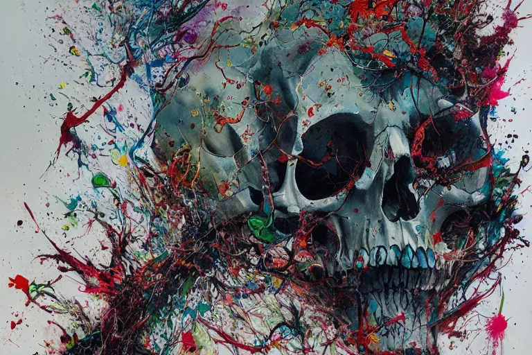 Image similar to a splattered action painting by jackson pollock showing a skull, ultradetailed, fine art painting, peter mohrbacher, moebius, skull carving, frottage, watercolor, acrylic, multilayered paint, spectacular splatter explosion, psychedelic art