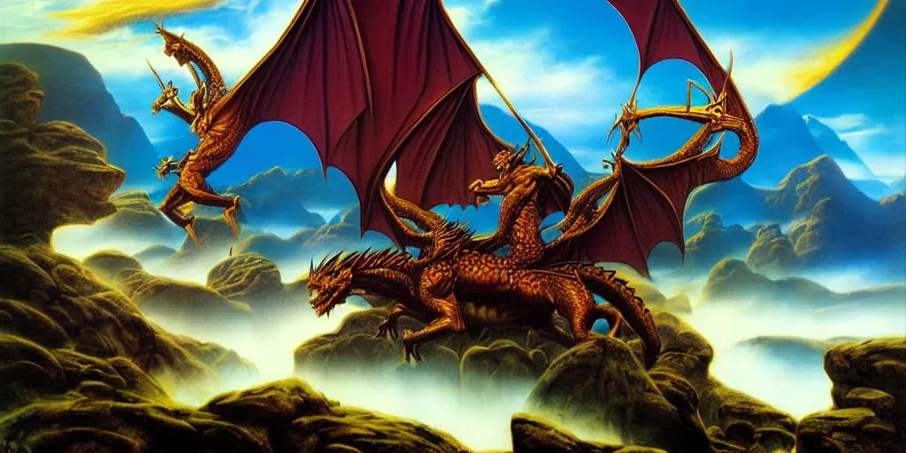 Prompt: ultra realistic illustration, epic high fantasy landscape. dragonlance graphic art print by boris vallejo