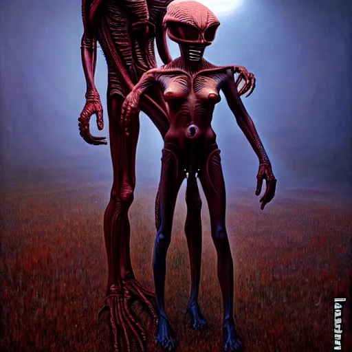 Image similar to alien man with alien woman, full body portraiture, painted by beksinski, 4 k, intricate details, unreal engine, dynamic lighting