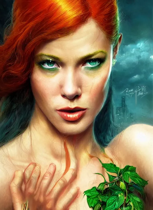 Prompt: A beautiful portrait of Brad Pitt as Poison Ivy from Batman movie, digital art by Eugene de Blaas and Ross Tran, vibrant color scheme, highly detailed, in the style of romanticism, cinematic, artstation, Greg rutkowski