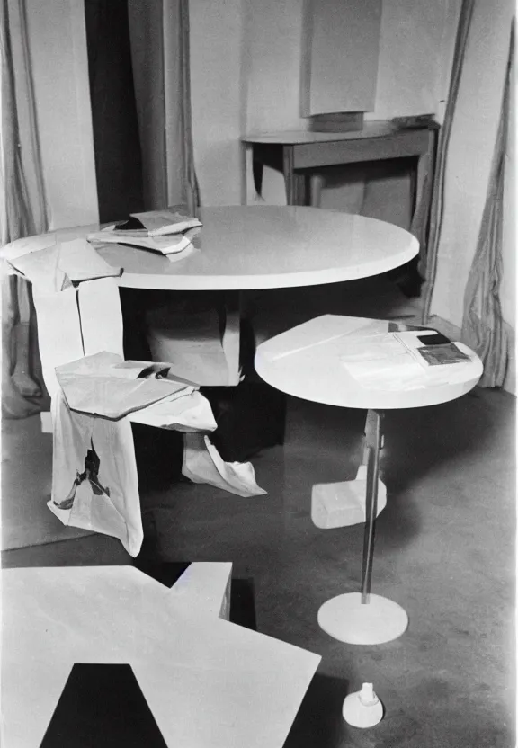 Image similar to a white object with writing on it sitting on a table, a surrealist sculpture by marcel duchamp, archival pigment print, 1 9 1 4, conceptual art, artwork, academic art, surrealist