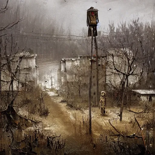 Image similar to painting of a abandoned post soviet town infested with humanoid root monsters by jakub rozalski