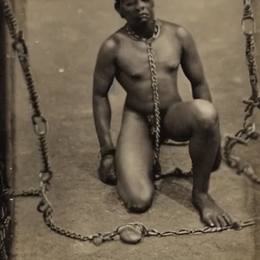 Image similar to a slave with chains looking to the camera.