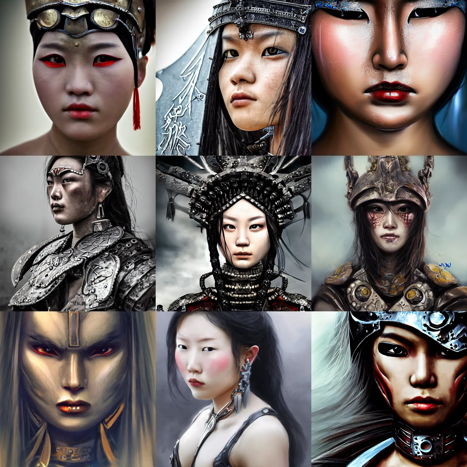 Prompt: a close up portrait of a menacing, beautiful, iron - clad female warrior by jiayuan song