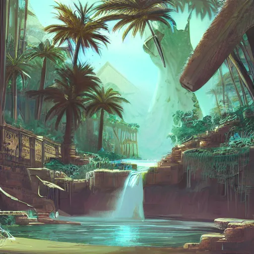 Image similar to a ancient egyptian city with plants and waterfalls, digital art retrowave art,trending on art station