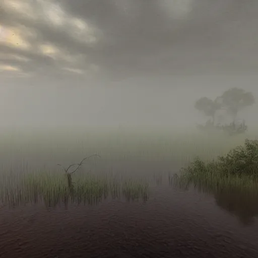 Prompt: artistic swamp with mystic fog, ancient vegetation, water on the foreground, from horror movies, artstation, low poly