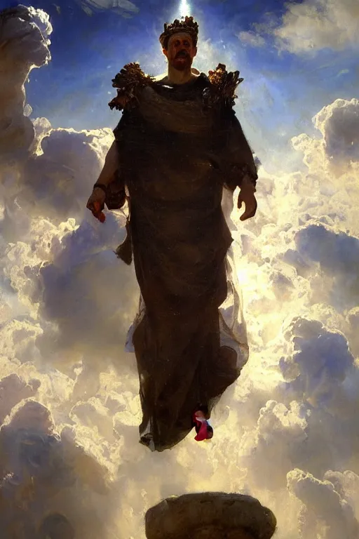 Image similar to beautiful detailed expressive impressionistic oil painting portrait of ancient roman god emperor steve buscemi ascending into the clouds wearing the civic crown, renaissance painting, art by anders zorn, wonderful masterpiece by greg rutkowski, expressive brush strokes, beautiful cinematic light, american romanticism by greg manchess, jessica rossier