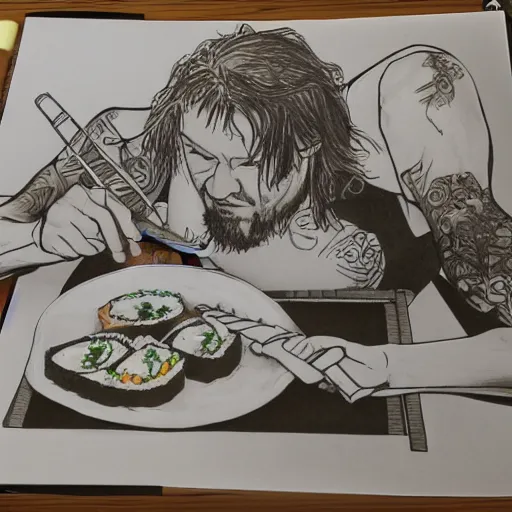 Image similar to pencil illustration of Bam Margera eating sushi with chopsticks highly detailed