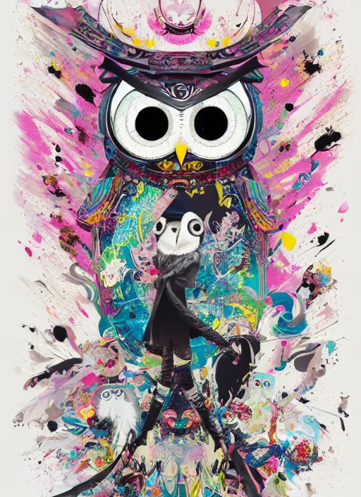 Image similar to arrogant elegant medium shot of white one - eyes owl dressed in samurai garment, pixiv fanbox, dramatic lighting, maximalist pastel color palette, splatter paint, pixar and disney exploded - view drawing, graphic novel by fiona staples and dustin nguyen, peter elson, alan bean, wangechi mutu, clean cel shaded vector art, trending on artstation