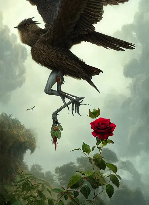 Image similar to the bird has grown its arms and is holding a rose, hyperrealism, no blur, 4 k resolution, ultra detailed, style of tyler edlin, tom bagshaw, arthur rackham, ivan shishkin