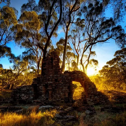 Prompt: Beautiful photo of a interesting ancient stone ruin in an Australian forest, little remaining, golden hour photography, sun hidden, blue sky, trees in the background, wallpaper, 4k