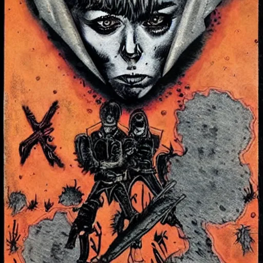 Image similar to punk album cover, black, white, orange, psychedelic, new age, magic, enki bilal