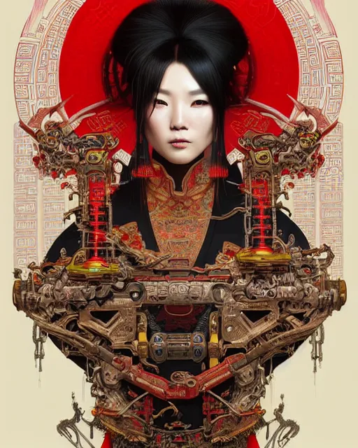 Image similar to portrait of a chinese cyberpunk machine, machine face, upper half portrait, decorated with chinese opera motifs, regal, asian, fine china, wuxia, traditional chinese art intricate intense elegant 京 剧 highly detailed digital painting artstation concept art smooth sharp focus illustration, art by artgerm and greg rutkowski alphonse mucha 8 k