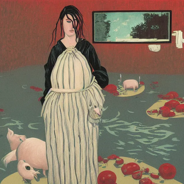 Image similar to tall female emo artist holding a pig in her flooded bathroom, water gushing from ceiling, painting of flood waters inside an artist's bathroom, a river flooding indoors, pomegranates, pigs, ikebana, zen, water, octopus, river, rapids, waterfall, black swans, canoe, berries, acrylic on canvas, surrealist, by magritte and monet