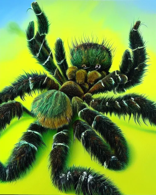 Image similar to Realistic Oil Painting of Cute green animated fuzzy tarantula made out of marijuana leaves thc strain