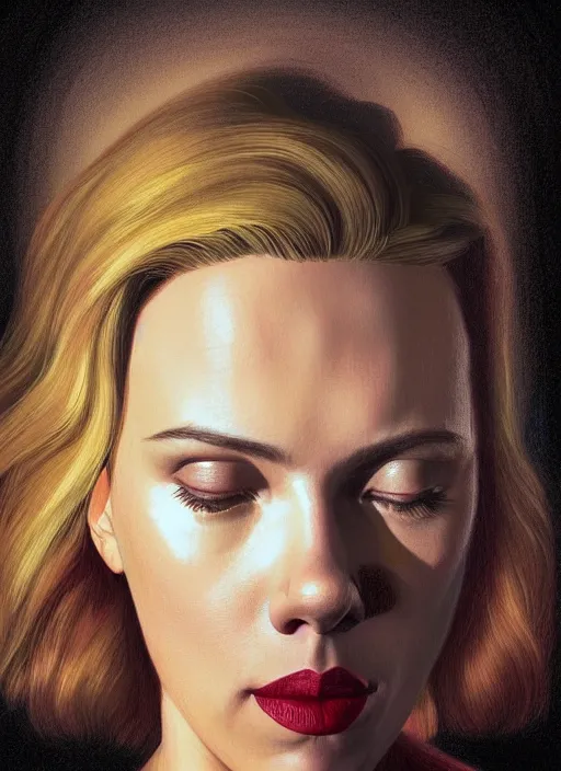 Image similar to twin peaks movie poster art, portrait of scarlett johansson, from scene from twin peaks, clean, simple illustration, nostalgic, domestic, highly detailed, digital painting, artstation, concept art, smooth, sharp focus, illustration, artgerm, donato giancola, joseph christian leyendecker, wlop