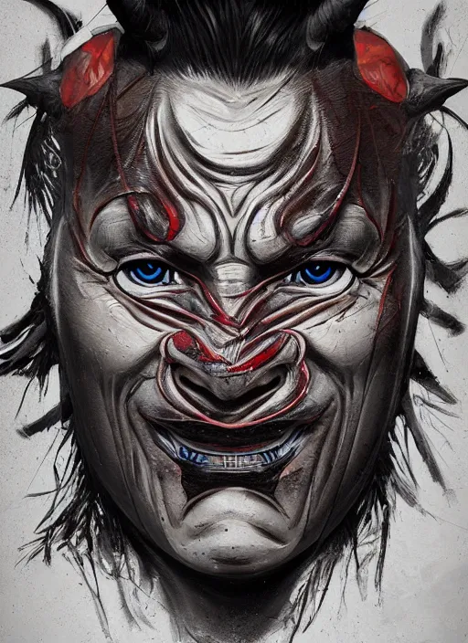 Prompt: dark samurai portrait, symmetrical face, hannya oni mask, after a battle, dirt and unclean, extreme detail, cinematic, dramatic lighting render, by sandra chevrier, masterpiece