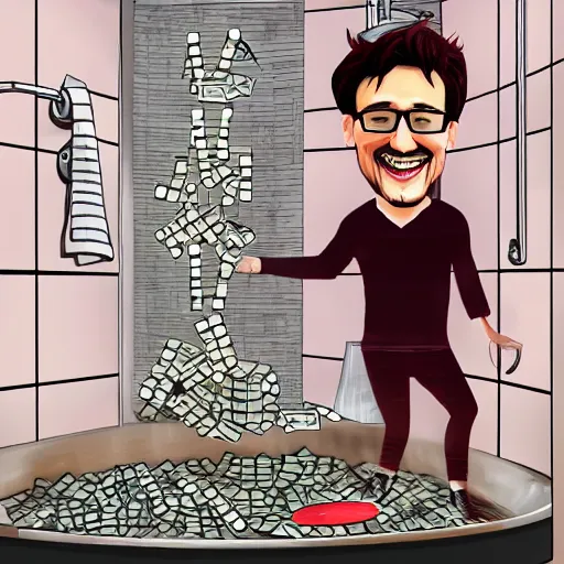 Image similar to a caricature of Markiplier inside a shower full of money which covers his body.