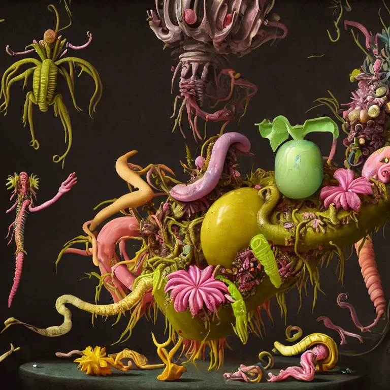 Prompt: still life of surreal alien pastel tropical flowers, rotten moldy colorful mold, dripping pastel paint, surreal alien ribbed tropical fruit, white human spine, baroque painting, beautiful detailed intricate insanely detailed octane render, 8K artistic photography, photorealistic, chiaroscuro, Raphael, Caravaggio
