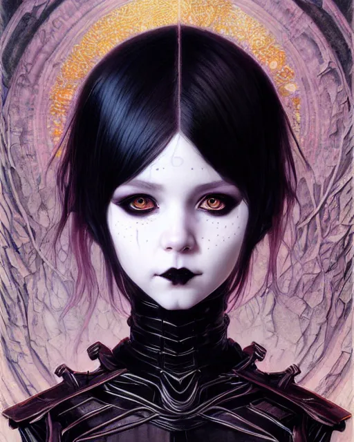 Image similar to portrait of beautiful cute young goth maiden girl with short white hairs in warhammer armor, art by ( ( ( kuvshinov ilya ) ) ) and wayne barlowe and gustav klimt and artgerm and wlop