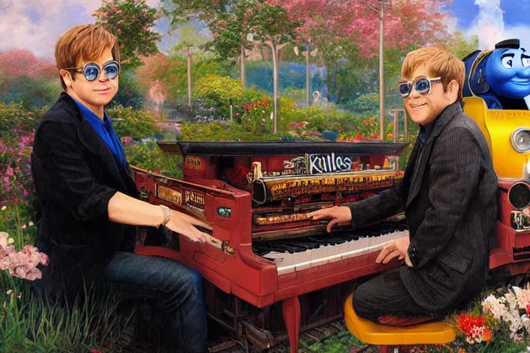 Image similar to elton john playing a piano on top of thomas the tank engine, an oil painting by ross tran and thomas kincade