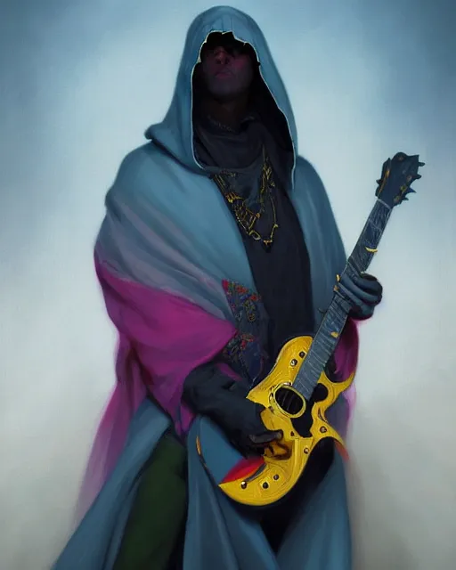 Image similar to colorful baroque portrait of a shadowy man wearing a hooded cloak, playing a guitar, gallery art by peter mohrbacher, artstation, artgate