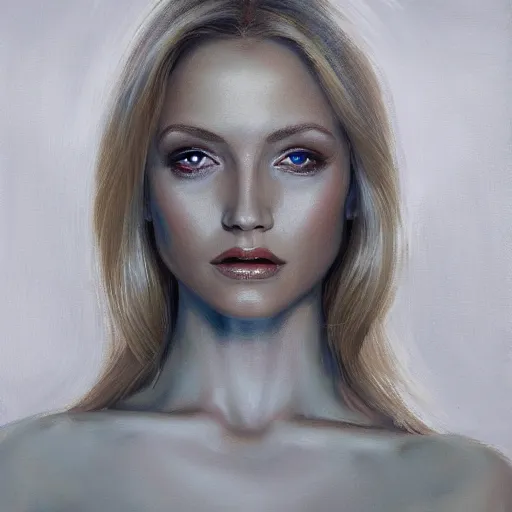 Image similar to a symmetrical portrait of a blonde woman with strong features, oil painting, pale colors, high detail, 8 k, wide angle, trending on artstation,