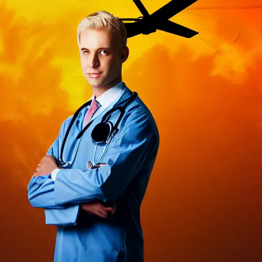 Prompt: blond male doctor in front of helicopter, epic lighting, digital art