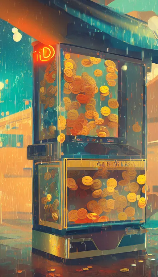 Image similar to arcade cabinet asking for coins in the rain, sharp focus, james gilleard, cinematic, game art, extremely detailed digital painting, print