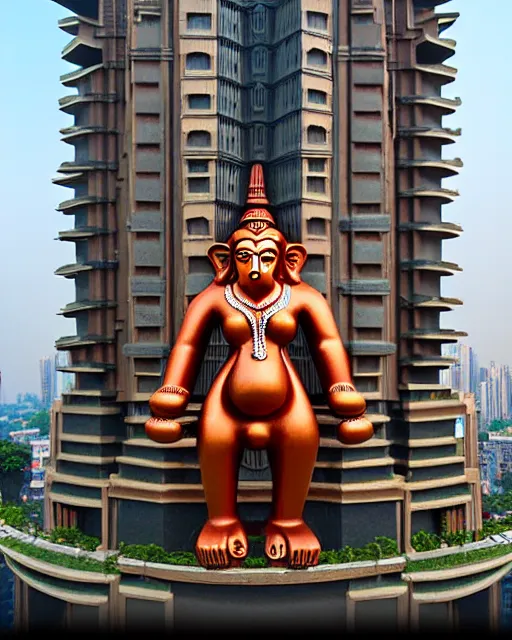 Image similar to high quality 3 d art deco biomorphic hanuman! head building in mumbai!! centre, highly detailed, cinematic smooth, berenice abbott & john j. park, dramatic warm morning light, wide shot, high angle, uhd 8 k, sharp focus