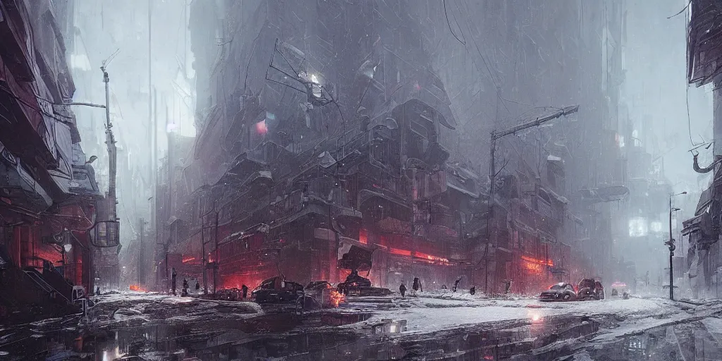 Image similar to cyberpunk depiction of the city of gdansk during arctic conditions by greg rutkowski