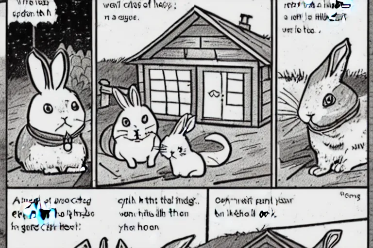 Prompt: a rabbit and a cat dressed in cottagecore living in a cottage, the rabbit has a vegetable garden and the cat is fixing the roof, comic book art style, pictures in sequence, storyboarding, speech bubbles