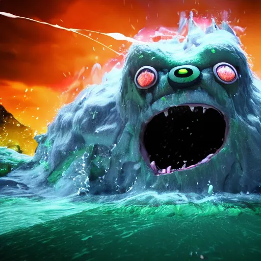 Prompt: the pain is splattered on the sad monster's green face while huge waves crash against him, water sprays into the air, black thunderclouds, hints of red and yellow, fantasy, unreal engine